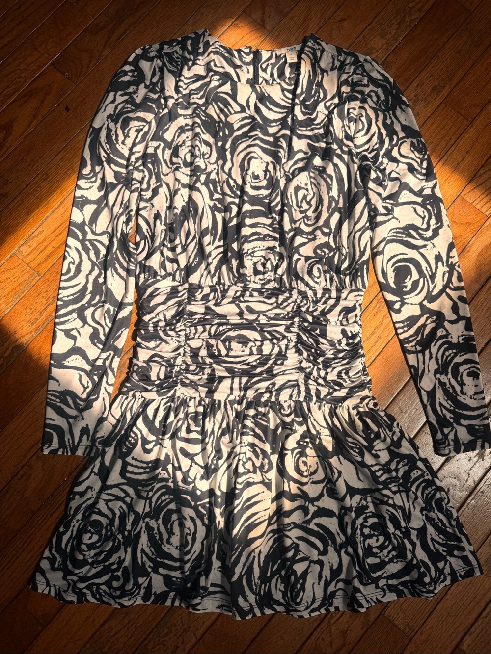 Bar III Black and White Rose-Print Long-Sleeve Dress